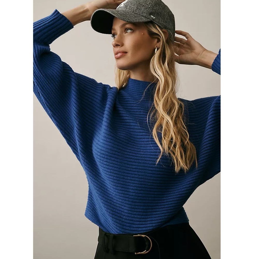 Anthropologie Kendall Mock Neck Sweater Blue Cobalt Ribbed Dolman Sleeve Large